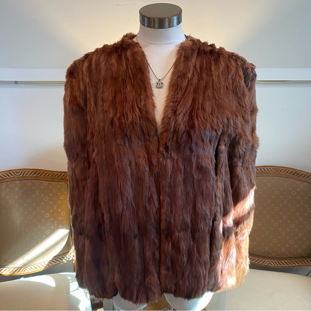 Vintage Brown Squirrel Fur Coat Cape with Scalloped Hem & Burgundy Satin Lining